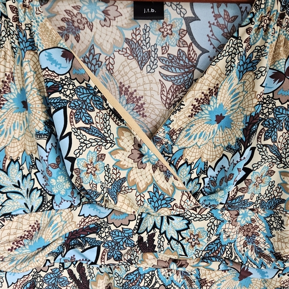 J.T.B. Babydoll Wrap Top Womens Large Flutter Sleeve Handkerchief Hem Boho Print - Picture 3 of 7